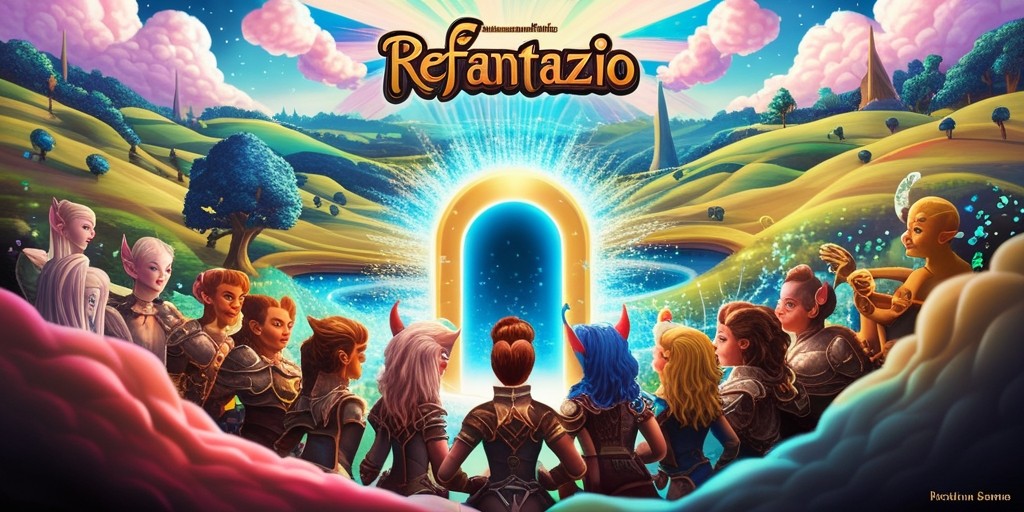 A dreamlike illustration of a fantastical realm, inspired by the ReFantazio game, where vibrant colors and whimsical details transport the viewer to a world of wonder. The composition features a sweeping landscape with rolling hills, towering trees, and sparkling water features, all set against a radiant sky with cotton candy clouds. In the foreground, a group of characters from the game gather around a glowing portal, their faces filled with excitement and curiosity. The characters