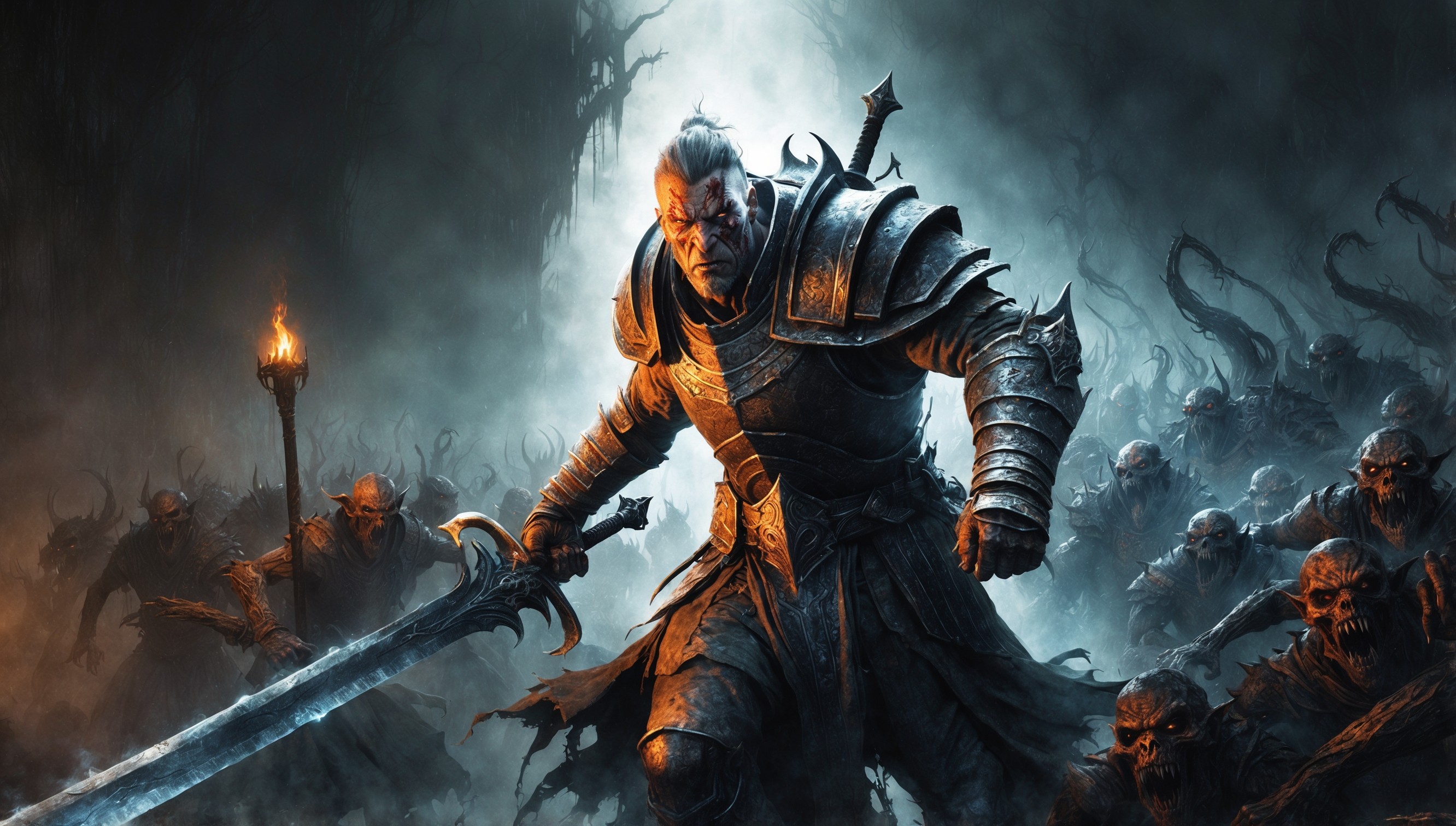 A dark, gothic-inspired illustration depicting a haunting scene from the action role-playing game Lords of the Fallen, set against a gloomy, mist-shrouded backdrop with faint, eerie torchlight casting long shadows, featuring a central figure of a powerful, muscular warrior clad in worn, ornate armor, with a stern, weathered face, prominent facial scars, and piercing, determined eyes, grasping a massive, glowing sword, surrounded by hordes of twisted, demonic creatures emerging from the shadows, with intricate, detailed textures and atmosphere, in a mix of warm, fiery oranges and cold, muted blues, with bold, dynamic brushstrokes and an overall sense of foreboding and intensity.