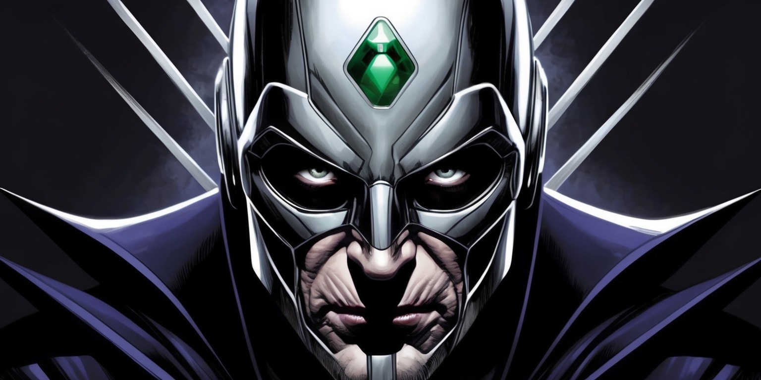 A dramatic, close-up portrait of Doctor Doom, the infamous Marvel Comics supervillain, set against a dark, ominous background with subtle, gradient shades of indigo and purple, evoking a sense of power and malevolence. Doctor Doom's iconic mask, a gleaming, polished metal with a distinctive green gemstone at the forehead, dominates the composition, with sharp, angular lines and curves that reflect the character's formidable intelligence and technological prowess. His piercing, almost hypnotic gaze seems to bore into the viewer, conveying a sense of unwavering determination and unrelenting ambition. The overall aesthetic is dark, moody, and intense, with bold, graphic lines and heavy shading that accentuates the character's imposing presence, conveying the complex, multifaceted personality of Marvel's most iconic villain.