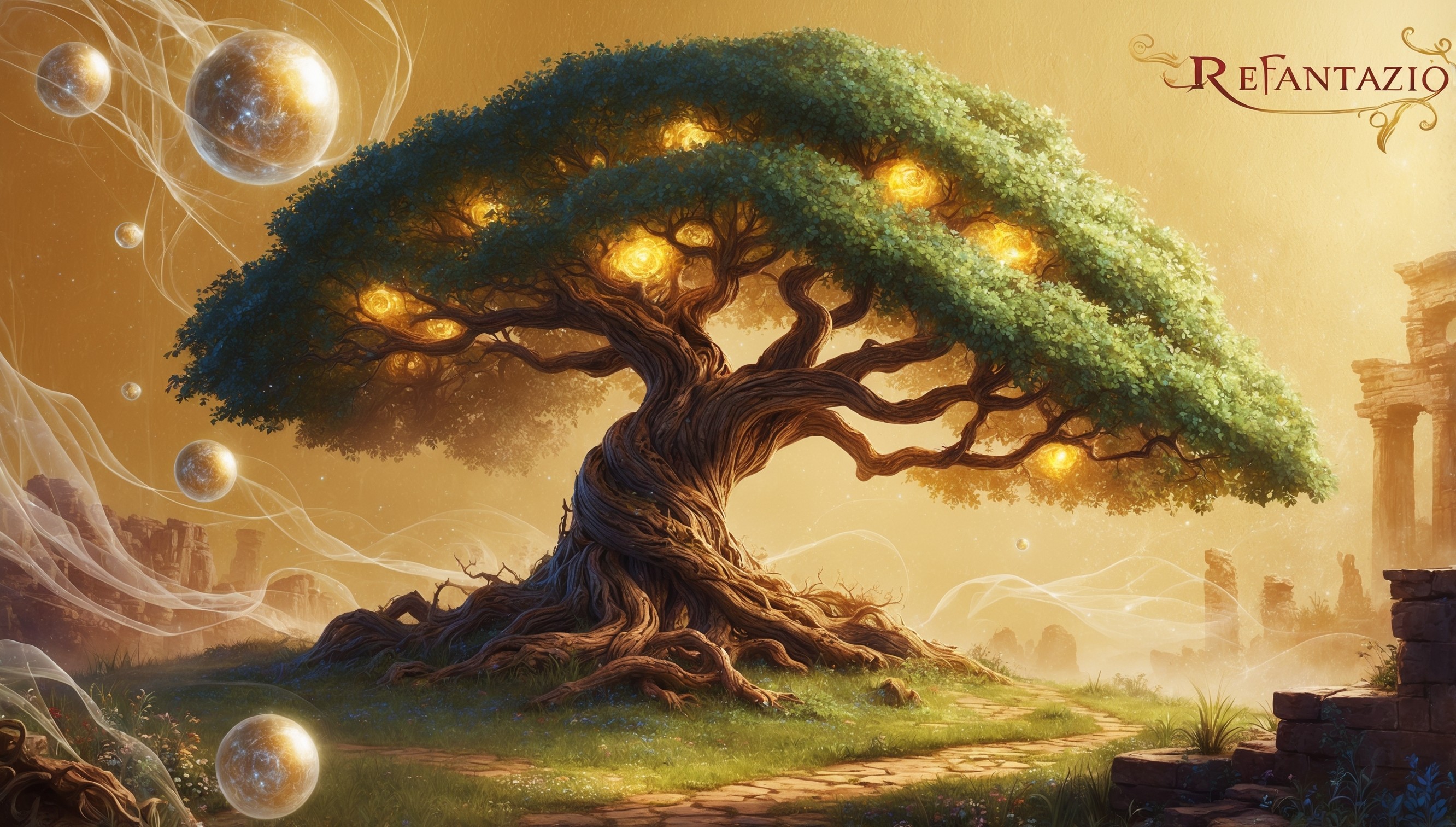 A dreamlike illustration of a fantastical realm, capturing the essence of the ReFantazio game, with vibrant colors and intricate details, set against a warm, golden background that evokes a sense of nostalgia and wonder, featuring a majestic tree with glowing leaves and twisted branches that seem to hold secrets, surrounded by floating orbs that shimmer with an ethereal light, and a subtle, wispy mist that adds an air of mystery, with hints of ancient ruins and hidden passageways waiting to be discovered, blending traditional and digital media with bold lines, delicate textures, and a mix of realistic and stylized elements, inviting the viewer to step into the enchanting world of ReFantazio.