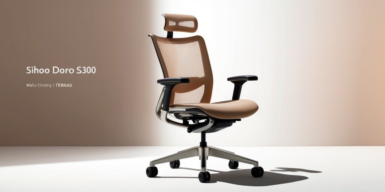 A highly detailed, realistic illustration of the Sihoo Doro S300 office chair, set against a clean, minimalist background, with a subtle gradient effect to enhance the chair's features, showcasing its sleek, modern design, and premium materials, with accurate depictions of its adjustable headrest, curved backrest, and breathable mesh fabric, in a natural, beige-brown color, with precise renderings of the sturdy, silver-toned metal frame and durable, black rubber wheels, with precise attention to textures, reflections, and subtle creases, highlighting the chair's ergonomic design and functionality, with a shallow depth of field to draw the viewer's attention to the chair's details, and a warm, soft lighting that accentuates the chair's sleek, contemporary aesthetic.