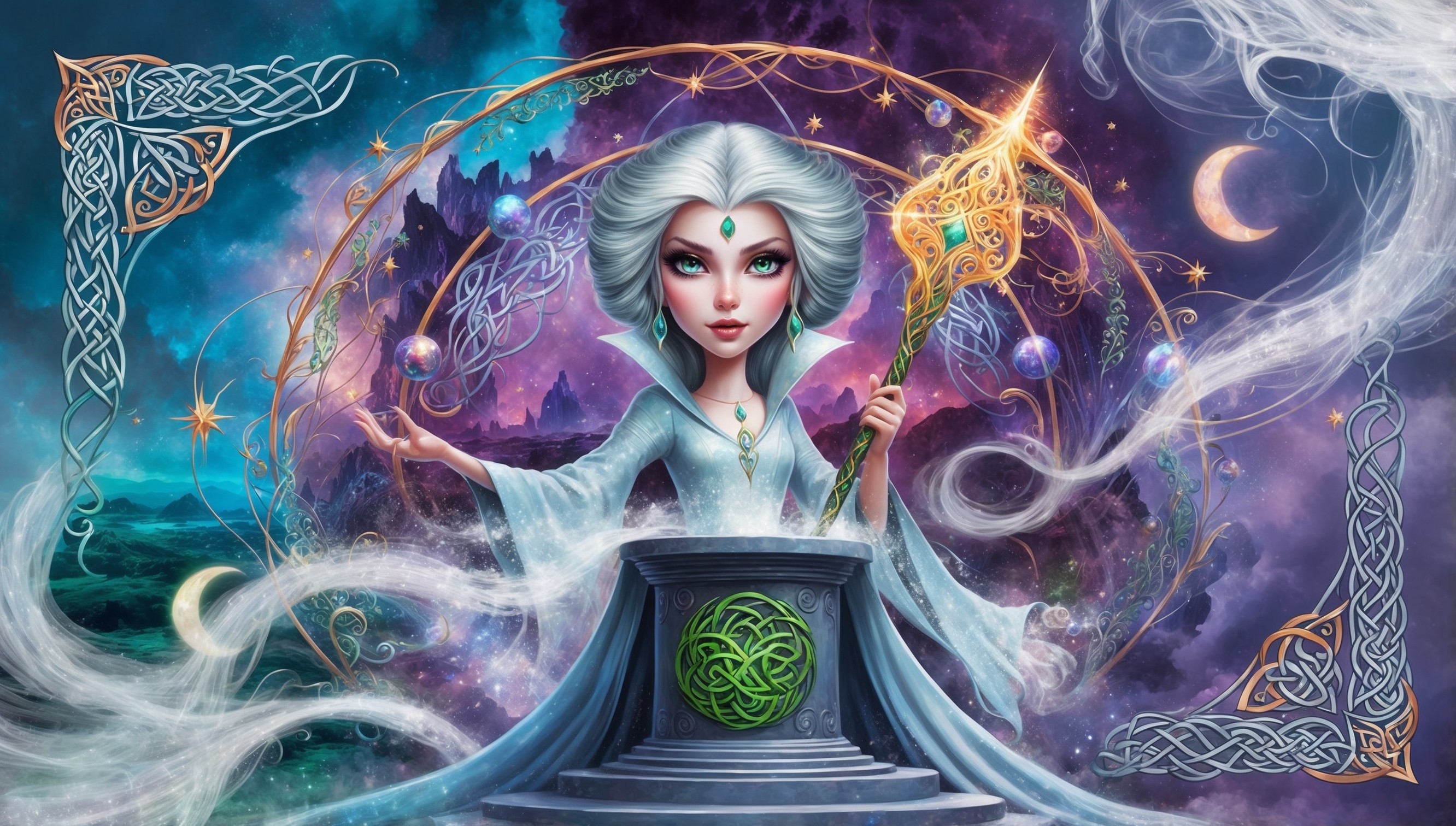 A vibrant, fantastical illustration depicting the essence of ReFantazio, a mystical realm of wonder, where dreamlike landscapes and ancient magic converge. In the foreground, a regal, silver-haired sorceress with piercing emerald eyes and porcelain skin stands atop a pedestal, surrounded by swirling mist and ethereal orbs. Her slender fingers hold a glowing, ornate staff, adorned with intricate, Celtic-inspired patterns that shimmer with an otherworldly light. The background is a mesmerizing blend of sapphire and amethyst hues, evoking a sense of mysticism and adventure. Delicate, filigree-like vines weave through the composition, interspersed with stars, moons, and subtle, shimmering accents. In the corners, wispy tendrils of fog drift upwards, as if the very fabric of reality is being pulled apart, revealing glimpses of hidden dimensions. The overall aesthetic is a masterful balance of whimsy and sophistication, inviting the viewer to step into the enchanting realm of ReFantazio.