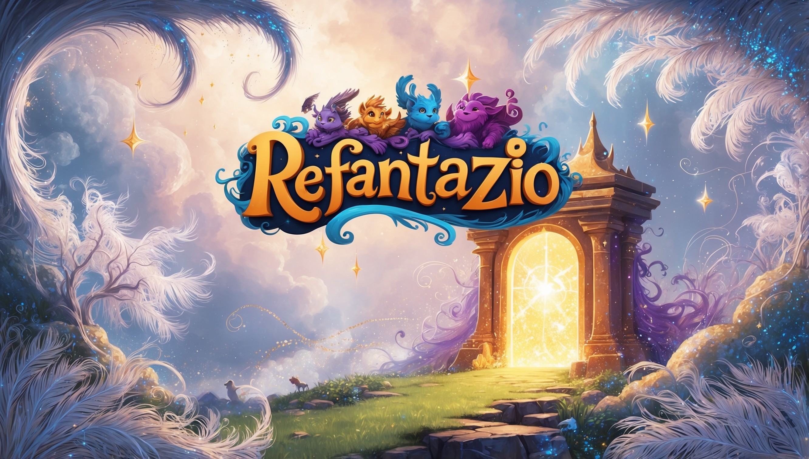 A whimsical illustration depicting the ReFantazio game, set against a dreamy, ethereal backdrop with soft, feathery clouds and shimmering stars. The game's vibrant logo, featuring bold, curly font and fantastical creatures, takes center stage, surrounded by swirling tendrils of mist and glittering stardust. In the foreground, a majestic, glowing portal beckons, emitting a warm, golden light that illuminates the surrounding landscape. Delicate, lace-like trees and wispy, feathery foliage dance around the edges, infusing the scene with a sense of wonder and enchantment. The color palette is a rich tapestry of blues, purples, and golds, with touches of iridescent sheen, evoking a sense of magic and possibility. Every element is rendered in intricate, hand-drawn detail, with bold lines, expressive textures, and a sense of dynamic energy, as if the entire scene is about to spring to life.