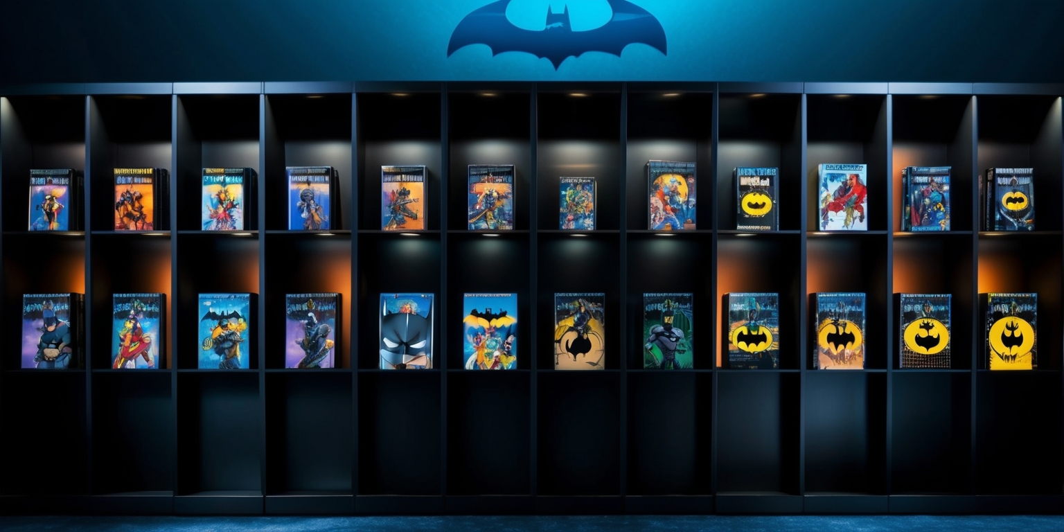 A dimly lit, cinematic shot of a sleek, black-shelved bookcase or display case dedicated to the Batman animated film collection, with a subtle, gradient blue background evoking the Dark Knight's iconic colors. The shelves are lined with several collectible Batman film sets, each featuring animated movies available in various formats such as DVD, Blu-ray, and 4K, with vibrant, bold covers showcasing the Caped Crusader in action. The sets are arranged to showcase their unique special features, such as behind-the-scenes artwork, director commentaries, and collectible figurines, highlighting the diverse storytelling approaches and nostalgic value of these anthologies. A few strategically placed spotlights cast a warm glow on select editions, emphasizing their significance and allure for collectors and fans. The overall aesthetic is sophisticated, with a touch of moody darkness, paying homage to the Dark Knight's legacy.