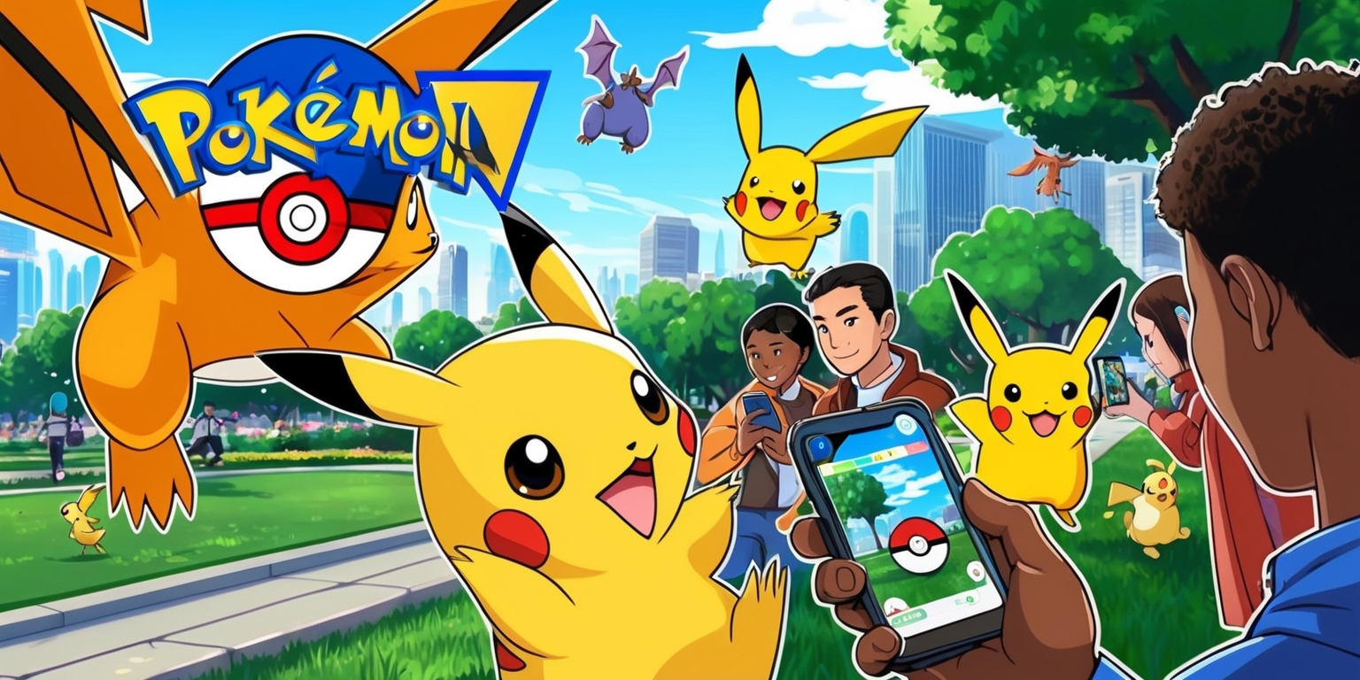 A vibrant and colorful illustration of the popular augmented reality game Pokémon Go, featuring a mix of virtual Pokémon and real-world environments, with a cityscape or park-like setting in the background, possibly with people of diverse ages, skin tones, and facial features, capturing Pokémon with their smartphones, with a few Pokémon roaming freely in the surroundings, such as a Charizard flying in the sky or a Pikachu peeking from behind a tree, the game's logo, a stylized blue and white Poké Ball with a GPS signal, prominently displayed in the top-left or top-right corner, the color palette dominated by shades of blue, green, and yellow, with a sense of adventure and excitement, the overall style resembling a cross between digital art and cartoon, with bold lines, textures, and subtle animations, capturing the dynamic and engaging essence of the game.