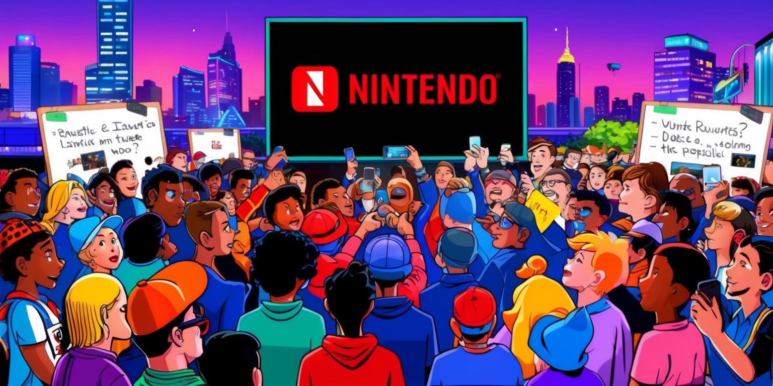 A colorful illustration of a Nintendo broadcast event, featuring a large screen displaying the Nintendo logo in bold, red font, with a cityscape at dusk in the background, including skyscrapers and neon lights, and a crowd of people from diverse backgrounds, with varying facial features and skin colors, all excitedly gathering around the screen, some with Nintendo-themed accessories, and others taking photos or live streaming the event on their devices, with rumors and speculations written in a modern, cursive font on sticky notes and whiteboards scattered around the scene, and a few gaming consoles and controllers visible, highlighting the anticipation and excitement surrounding the upcoming digital broadcast.