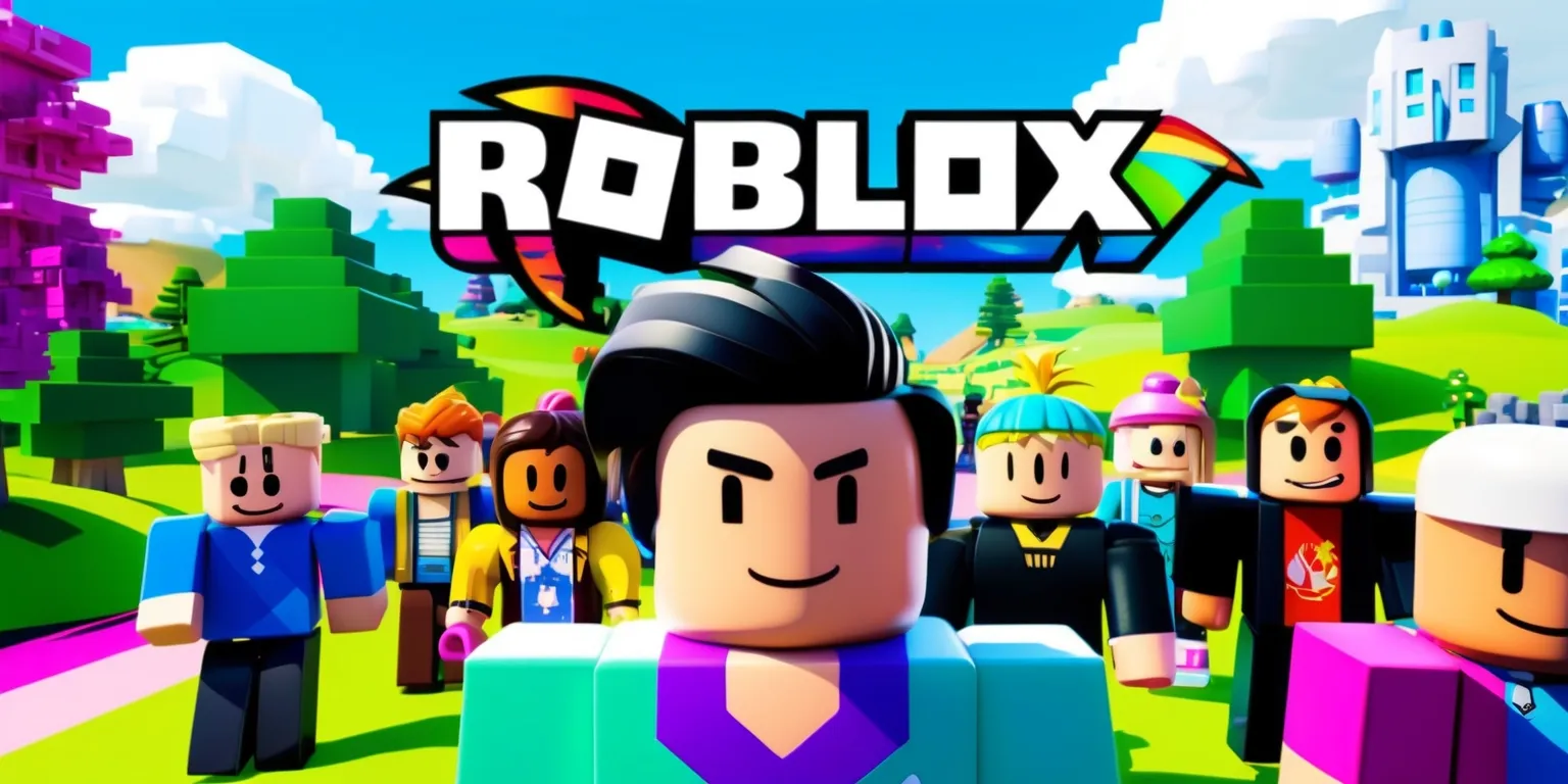 A vibrant digital artwork depicting a scene from the popular online multiplayer game Roblox, set against a bright and colorful background with a mix of blocky and smooth textures, featuring a variety of Roblox characters with unique facial features and clothing, including a main character with a bold and expressive face, fair skin, and a distinctive hairstyle, surrounded by other characters with diverse skin tones and accessories, amidst a landscape of lush green trees, rolling hills, and futuristic buildings, with a clear blue sky and fluffy white clouds, incorporating the iconic Roblox logo in a bold and modern font, with a subtle gradient effect and a splash of bright colors, all blended together in a stylized and futuristic composition that showcases the game's creative freedom and endless possibilities.