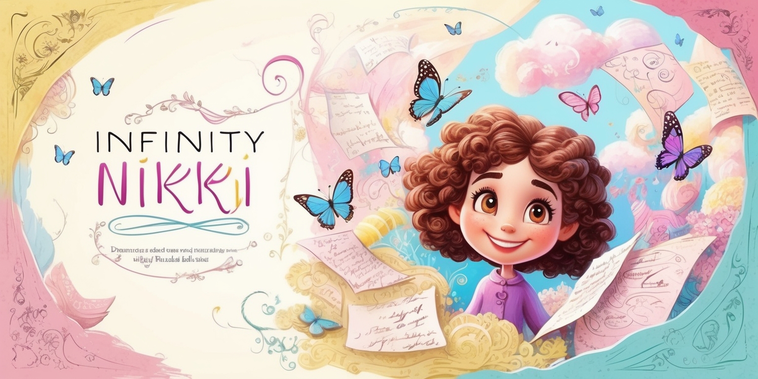 A whimsical, dreamlike illustration of a fantastical world inspired by the Infinity Nikki game, featuring a vibrant color palette with soft pastel hues of pink, blue, and yellow, and whimsical line art with subtle texture and delicate patterns, set against a creamy white background with slight gradients, showcasing Nikki, the protagonist, with her distinctive curly brown hair, bright expressive eyes, and kind smile, surrounded by fluttering butterflies, swirling clouds, and floating fragments of handwritten notes and sketches, with intricate details and ornate flourishes throughout, blending fantasy and reality in a captivating and imaginative scene.