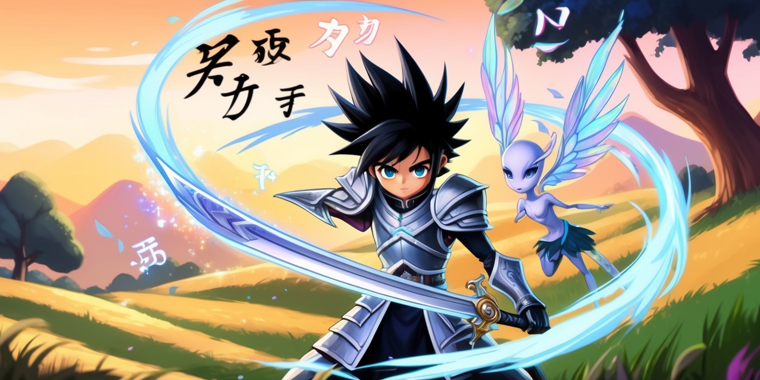 A vibrant, fantastical illustration of a JRPG game scene, set against a warm, sunset-inspired background with rolling hills and towering trees, featuring a heroic protagonist, a young adult with spiky, jet-black hair and piercing blue eyes, clad in a sleek, silver-trimmed armor, holding a gleaming, ornate sword, standing bravely alongside a mystical, ethereal companion, a slender, winged creature with iridescent feathers, amidst a swirl of magical energy and floating, Japanese-inspired kanji characters, with a subtle, mystical glow emanating from the atmosphere, evoking a sense of adventure and wonder, rendered in a stylized, anime-influenced art style with bold lines, vibrant colors, and intricate details.