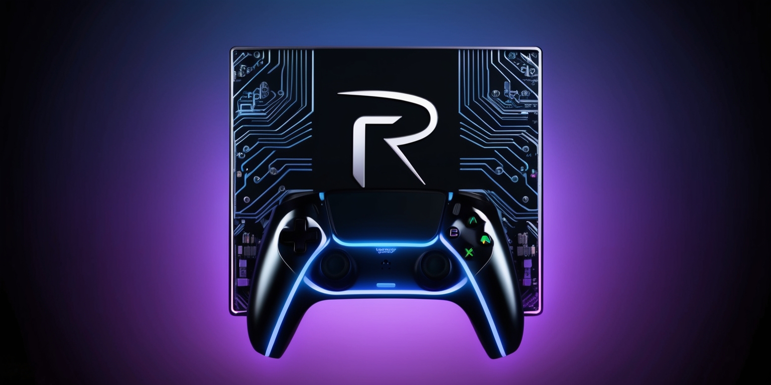 A high-definition, futuristic gaming console with sleek, metallic edges and a glowing blue LED strip running along its center, set against a dark, gradient background that transitions from deep purple to midnight blue, with the console's logo, a stylized, silver R with curved lines and sharp angles, embossed on the top in a bold, modern font, surrounded by intricate, circuit board patterns that evoke a sense of advanced technology and high-performance gaming, with a few subtle, neon-lit accents that add a touch of excitement and energy to the overall design.