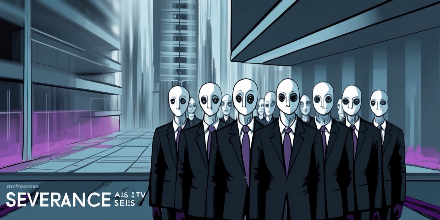 A hauntingly mesmerizing illustration inspired by the Severance TV series, featuring a cityscape with sleek, modern architecture, blurred and distorted to convey a sense of disorientation and disconnection. In the foreground, a group of office workers, their faces pale and expressionless, with identical, soulless eyes, stand in a row, their bodies merged into a single, featureless entity, symbolizing their severed work selves. The color palette is muted, with shades of gray, blue, and purple, evoking a sense of melancholy and isolation. The overall style is a blend of neo-noir and sci-fi elements, with bold lines, geometric shapes, and a sense of claustrophobia. The composition is asymmetrical, with the merged figures dominating the left side, while the blurred cityscape looms in the background, creating a sense of unease and tension.