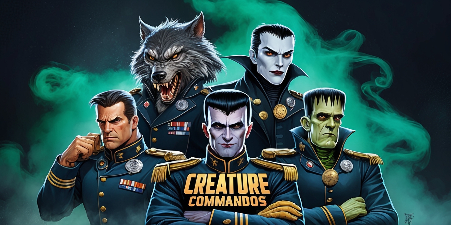 A dynamic illustration of the Creature Commandos series, featuring a team of supernatural creatures in military attire, set against a dark, misty background with eerie green mist swirling around them. The creatures, including a werewolf, a vampire, and a Frankenstein's monster-like being, stand proudly in a heroic pose, with their uniforms embellished with medals and badges. The werewolf, with its sharp claws and teeth, has a fierce expression, while the vampire, with its piercing eyes and fangs, exudes an air of sophistication. The Frankenstein's monster-like being, with its flat head and bolts on its neck, looks imposing yet gentle. The color palette is a mix of dark blues and greens, with touches of gold and silver, evoking a sense of mystery and adventure. The overall style is a blend of comic book art and pulp fiction, with bold lines, vibrant colors, and dramatic lighting.