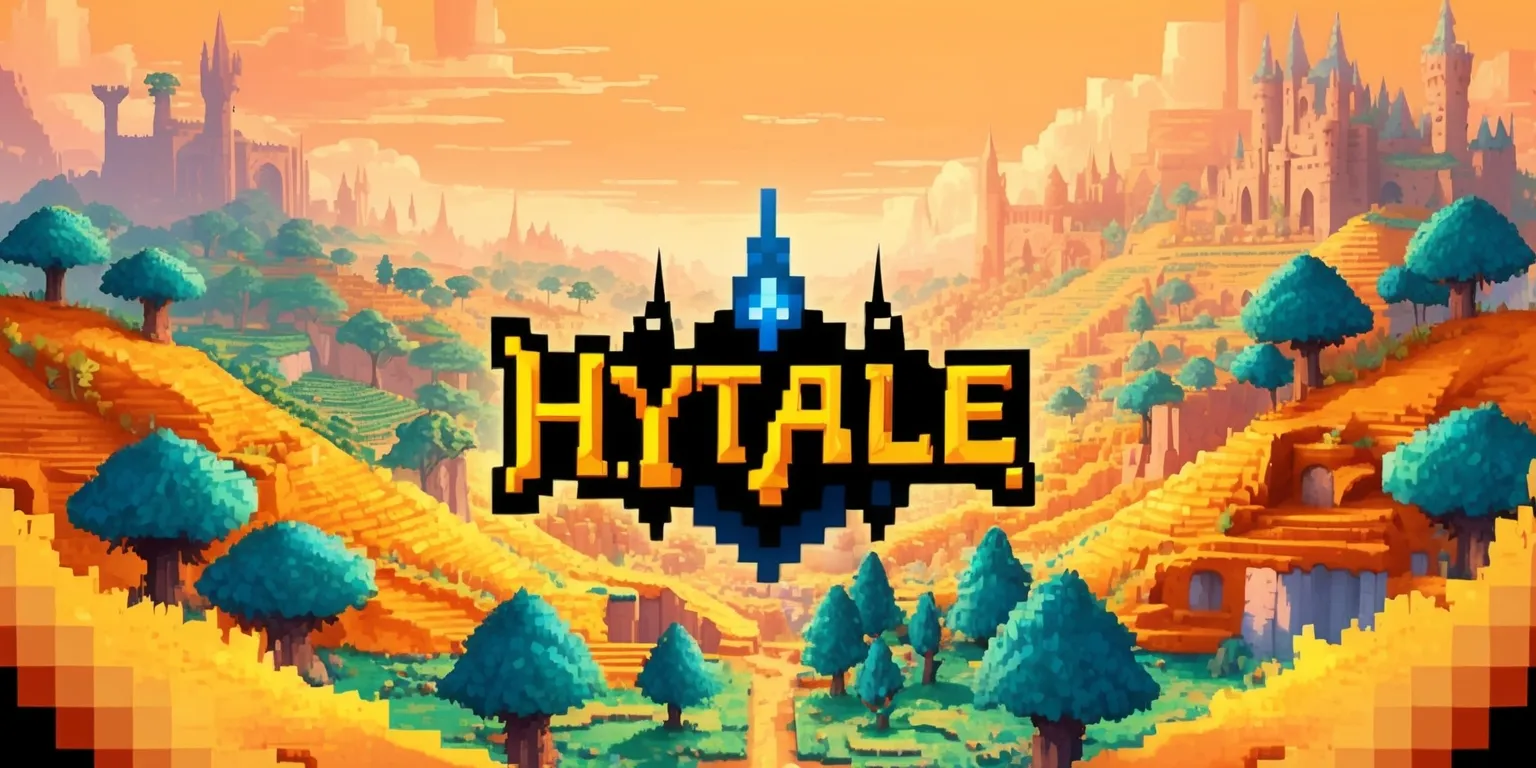 A vibrant digital artwork depicting the fantasy world of Hytale, a massively multiplayer online role-playing game, with a mix of medieval and mystical elements, featuring intricate details and textures, set against a warm and inviting color palette with shades of orange, yellow, and blue, showcasing a sprawling landscape with rolling hills, towering trees, and distant castle spires, all rendered in a stylized, blocky, and pixelated art style reminiscent of classic video games, with a sense of adventure and exploration, and a composition that draws the viewer's eye to the horizon, inviting them to enter the world of Hytale.