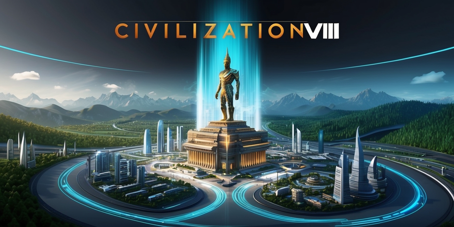 A futuristic, high-tech illustration of the Civilization VII game, set against a dark blue-gray background with subtle, glowing neon accents, featuring a sprawling metropolis in the foreground with sleek, modern skyscrapers and winding roads, surrounded by lush green forests and majestic mountain ranges in the distance, with a few wispy clouds dotting the sky, and a subtle, shimmering aura emanating from the city's central square, where a grand, ancient-style statue of a long-forgotten leader stands tall, with intricate, golden details and mysterious, pulsing runes etched into its pedestal, all rendered in a stylized, 3D graphic style with vivid, electric colors and dramatic, cinematic lighting.