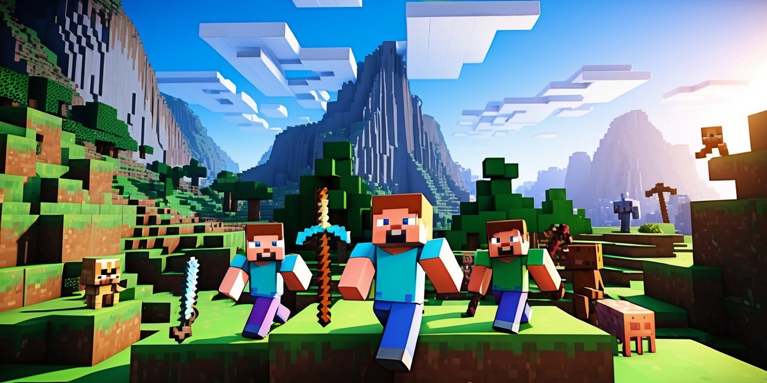 A detailed digital artwork of a Minecraft game scene, featuring blocky 3D graphics with a mix of earthy tones and bright colors, set in a vast open world with towering mountains, deep caves, and lush green forests, with a few characters such as Steve and Alex in the foreground, surrounded by various items like swords, pickaxes, and building blocks, under a bright blue sky with fluffy white clouds, with a subtle pixelated texture and a sense of adventure and exploration, including some creepy creatures like zombies and skeletons lurking in the shadows, and a hint of sunlight casting a warm glow over the entire scene.