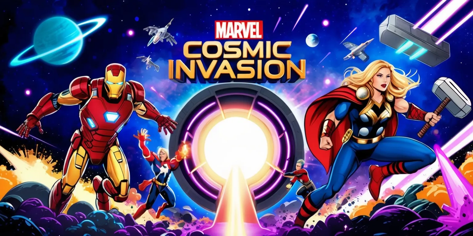A vibrant, futuristic illustration of a Marvel Cosmic Invasion game scene, set against a deep blue and purple galaxy backdrop with stars, planets, and spaceships, featuring iconic Marvel superheroes such as Iron Man, Captain Marvel, and Thor, with bold, dynamic lines and colors, and intricate details on the characters' costumes and accessories, including Iron Man's suit, Captain Marvel's uniform, and Thor's hammer, with a sense of movement and energy, and a large, glowing portal in the center, serving as the focal point of the invasion, surrounded by explosions, laser beams, and cosmic debris, with the Marvel logo prominently displayed in a modern, metallic font at the top of the image.