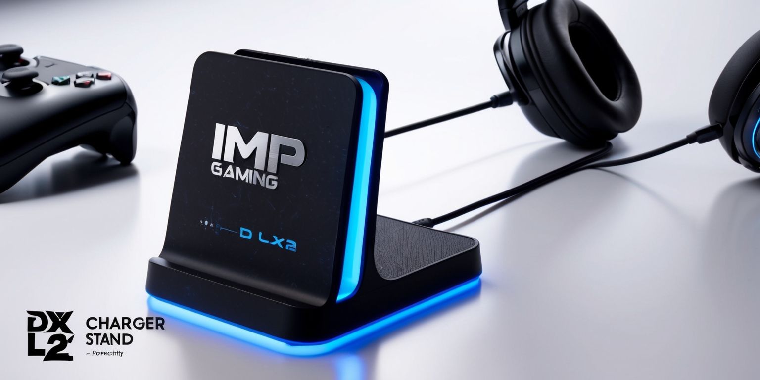 iMP Gaming DLX2 Charger Stand accessory, a sleek and modern gaming accessory with a sturdy base and a vibrant blue LED light strip, the charger stand has a matte black finish with a subtle texture, with the iMP Gaming logo emblazoned on the front in bold silver letters, the DLX2 model name is written in smaller text next to the logo in a modern sans-serif font, the charger stand is placed on a clean and minimalist white background, with a few gaming peripherals such as a controller and a headset nearby, the overall aesthetic is one of high-tech gaming sophistication, with sharp lines and a premium feel, the image is well-lit with a slight gradient effect to emphasize the curves of the charger stand.