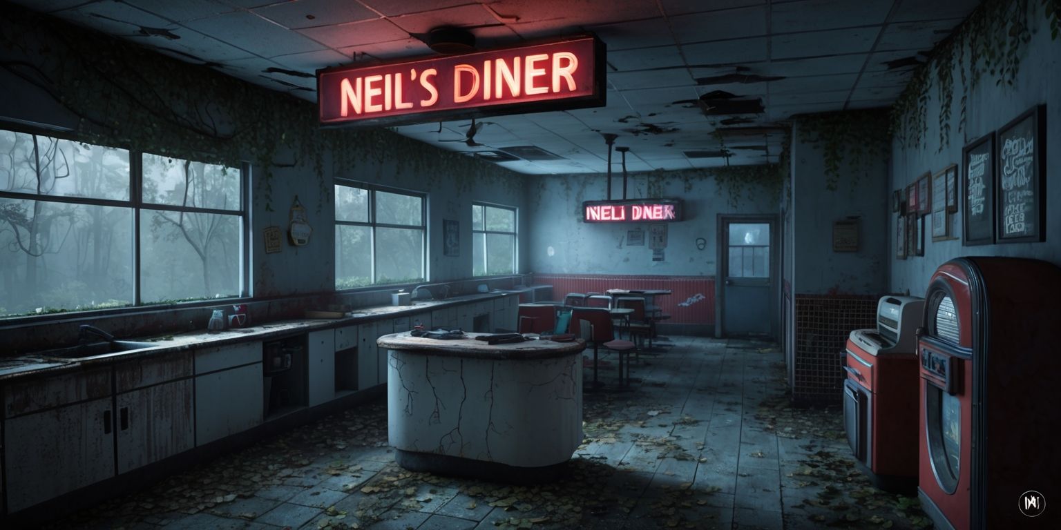A dimly lit abandoned diner, Neil's Diner, with a faded neon sign, rusty exterior, and overgrown with vines, sets the scene for a cooperative horror game expansion, featuring meticulously detailed, atmospheric environments with peeling walls, cracked countertops, and old appliances, filled with interactive objects like dusty jukeboxes, creaky doors, and flickering fluorescent lights, and hidden narrative elements such as cryptic messages scrawled on walls, and ghostly AI mechanics that bring the eerie atmosphere to life, with players working together to uncover the dark secrets and stories within, highlighting a sophisticated blend of suspense, exploration, and immersive storytelling, with a muted color palette of greys, blues, and reds, and a sense of foreboding and dread, enhancing the overall horror experience.