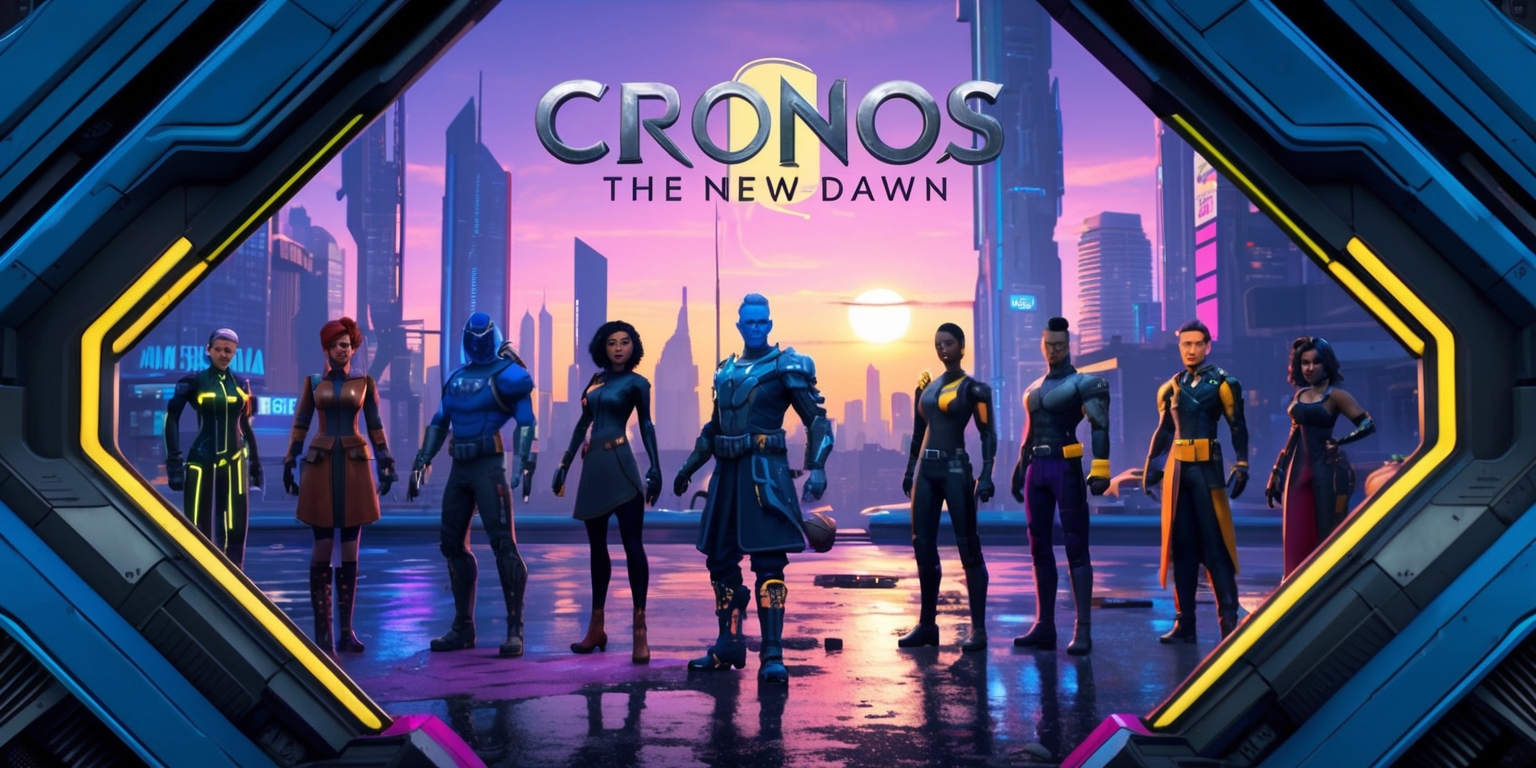 A futuristic video game screenshot from Cronos: The New Dawn, depicting a dystopian cityscape at sunrise with sleek skyscrapers and neon lights reflecting off wet pavement, a group of characters with diverse facial features and skin tones stand in the foreground, each with unique attributes such as cybernetic enhancements and futuristic clothing, the color palette is dominated by shades of blue and purple with accents of bright yellow and orange, the style is a mix of sci-fi and noir elements with bold lines and vibrant textures, the layout is dynamic with characters positioned in a semi-circle, framing the cityscape in the background, the game's logo is emblazoned in bold, silver font with a stylized letter C at the top of the image.