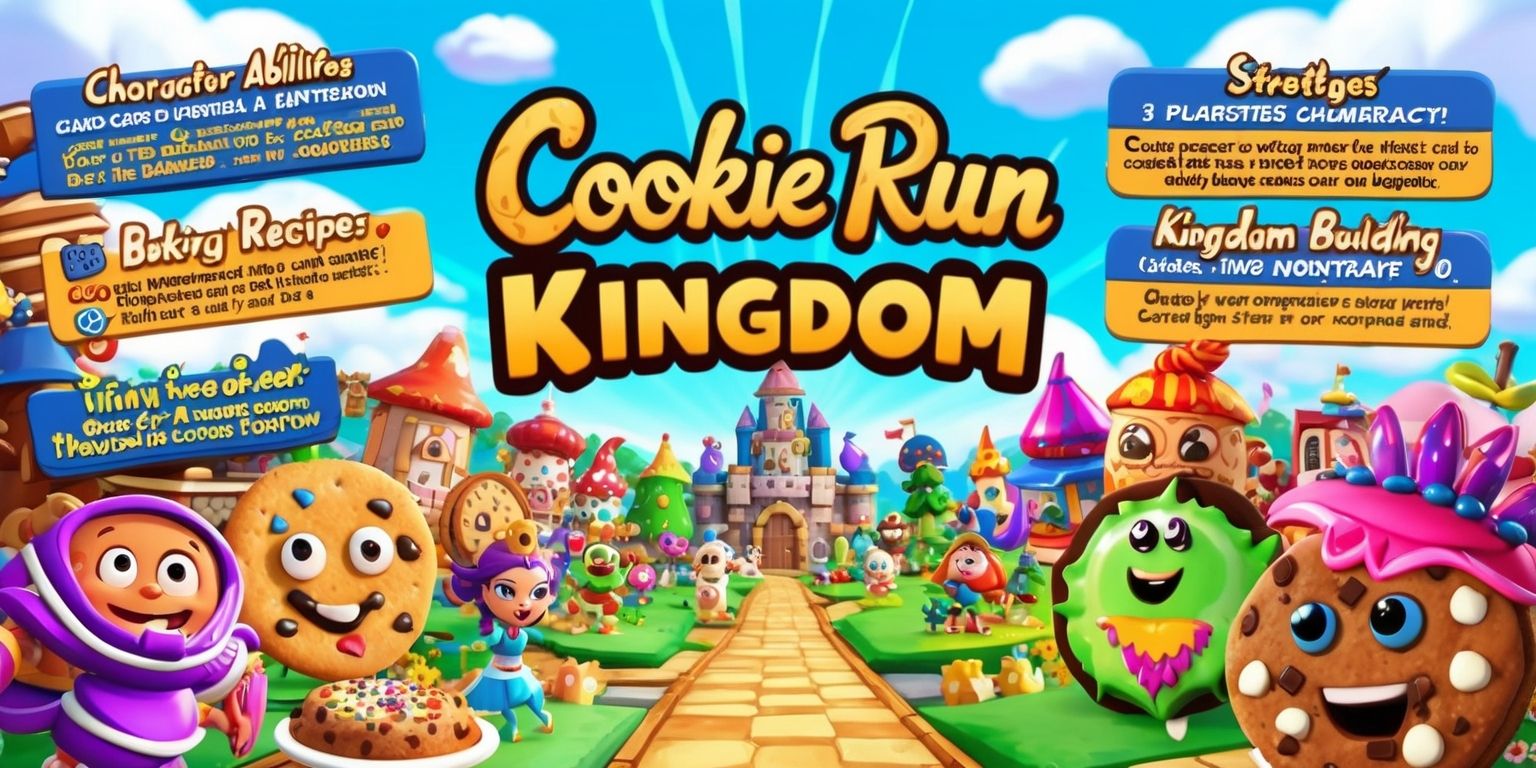 A vibrant digital illustration of a comprehensive guide to the Cookie Run Kingdom game, featuring a colorful and bustling kingdom scene with various cookie characters, each with distinct facial features and vibrant costumes, set against a bright blue sky with fluffy white clouds, with bold and playful typography highlighting key gameplay elements, such as character abilities, baking recipes, and kingdom-building strategies, with intricate details on cookie-themed buildings, decorative items, and lively textures, and incorporating the game's logo in a stylized, cursive font with a golden-brown color scheme, blending fantasy and adventure elements in a lively and engaging visual representation.