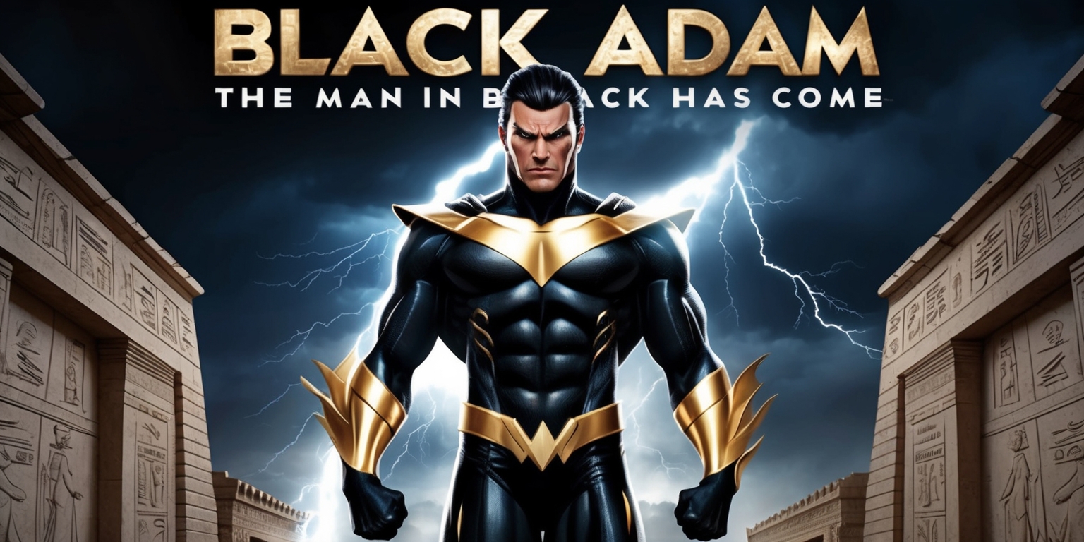 A dynamic poster featuring the mighty Black Adam, the DC Comics anti-hero, standing heroically against a dark, stormy night sky with flashes of lightning illuminating his powerful physique, his iconic black and golden costume gleaming with a metallic sheen, his facial expression stern and determined, his eyes blazing with ancient wisdom and untamed power, his jet-black hair slicked back, revealing his sharp jawline and prominent facial features, set against a backdrop of ancient Egyptian architecture, with hieroglyphics and mystical symbols etched into the walls, the overall mood ominous and foreboding, with a sense of ancient magic and mysticism, as if the very fabric of reality is about to be torn apart by Black Adam's immense power, the title Black Adam emblazoned across the top in bold, metallic gold letters, with the tagline The Man in Black Has Come written in smaller text at the bottom, in a font that evokes ancient mysticism and otherworldly power.