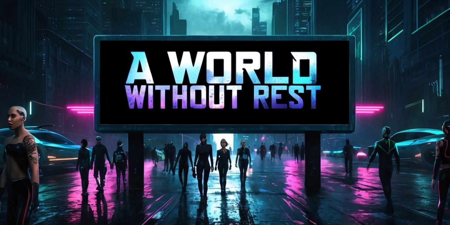 A futuristic scene depicting a dark and gritty cityscape at dusk with a prominent billboard in the center displaying the phrase A World Without Rest in bold metallic letters with a faint glow, the words are in a stylized font with sharp edges and a mix of blue and purple hues, the city streets are dimly lit with neon lights reflecting off the wet pavement, with people of diverse skin tones and facial features walking in the distance, some with unique tattoos and cybernetic enhancements, the overall atmosphere is ominous and foreboding, with a sense of urgency and rebellion, the color palette is predominantly dark blues and greys with accents of neon pink and green, the layout is cinematic with the billboard as the main focus, set against a backdrop of towering skyscrapers and flying cars zipping by.