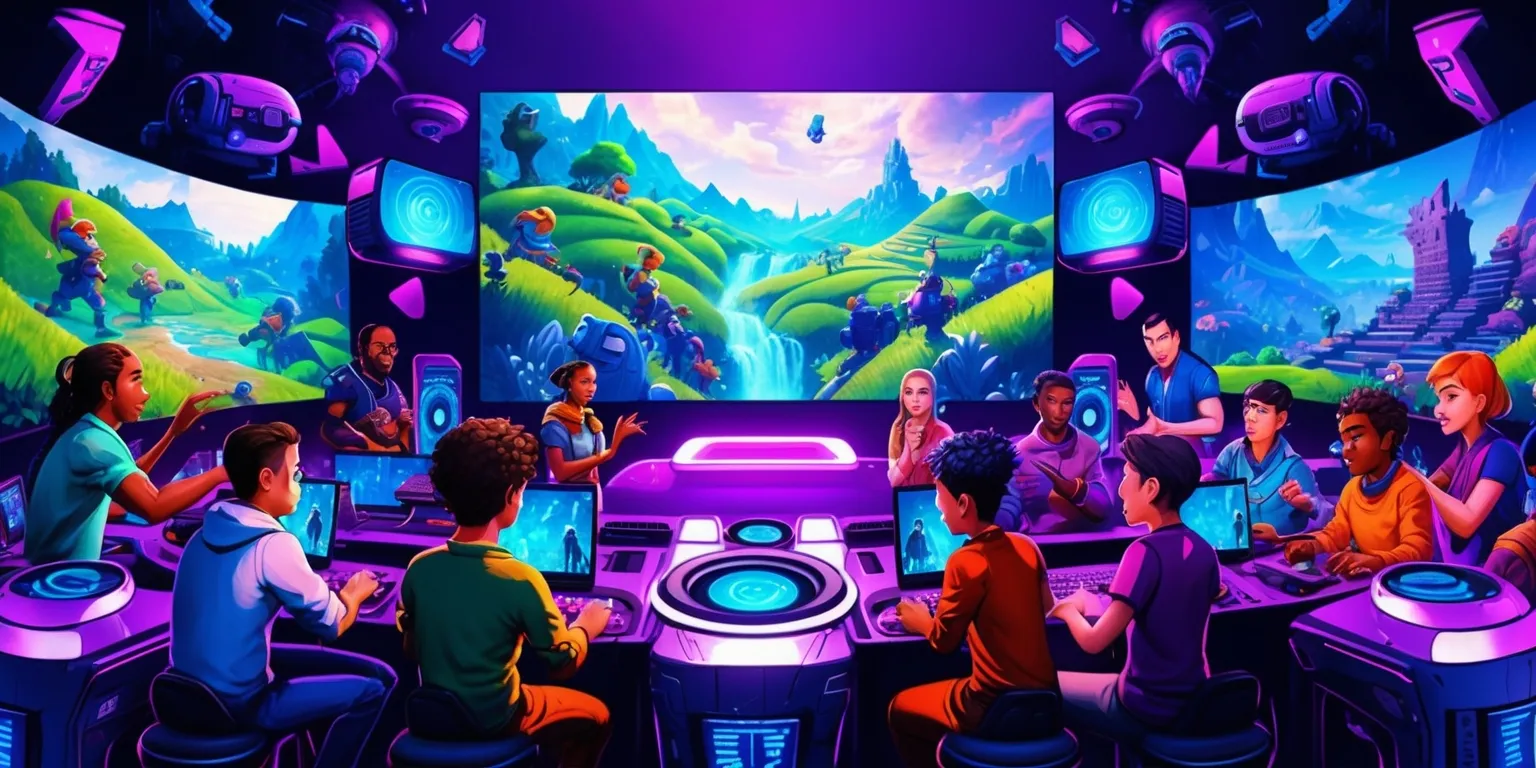 A vibrant and dynamic scene depicting a group of diverse players from different ethnic backgrounds, with varied facial features and skin colors, engaged in an immersive multiplayer adventure game, surrounded by futuristic virtual reality equipment, high-tech gaming consoles, and large screens displaying a fantasy world with rolling hills, mystical creatures, and ancient ruins, the atmosphere is filled with excitement and camaraderie, the colors are rich and bold, with a focus on blues and purples to represent the virtual world, and the style is a mix of realistic and stylized elements, with bold lines and textures, the layout is dynamic, with players and equipment scattered throughout the scene, and the framing is wide, to capture the entirety of the immersive gaming experience.