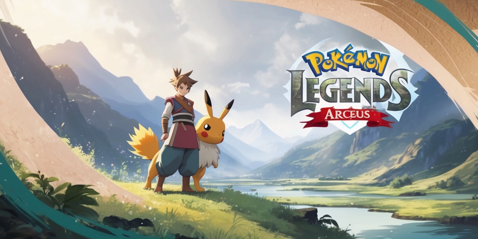 A vibrant and dynamic illustration of the Pokémon Legends: Arceus game, set in a lush and expansive environment with majestic mountains and serene water bodies, featuring the protagonist with a determined expression, wearing a traditional outfit, standing alongside their trusty Pokémon, with a mix of earthy tones and pastel colors, incorporating subtle textures and delicate lighting, and in the background, a faint image of the game's logo with bold, silver letters and a stylized, circular design, blending seamlessly into the scenery, with the overall composition exuding a sense of adventure and exploration.