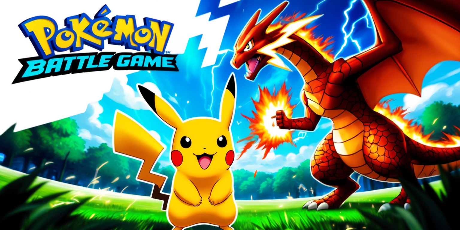 A dynamic, vibrant illustration of an epic Pokémon battle taking place in a lush, green forest, with a few wispy clouds scattered across the horizon. In the foreground, a determined-looking Pikachu, with bright, shining eyes and a determined expression, stands facing its opponent, a towering Charizard, its scales a deep, fiery orange, its wings spread wide, and a fierce blaze burning in its eyes. The atmosphere is electric, with sparks flying everywhere, and the air is filled with the sound of thunderclaps. In the top-left corner, a bold, modern, pixelated font displays the game's logo, with the words Pokémon Battle Game written in a curved line above it, in a bright, electric blue hue that matches the game's energetic tone.