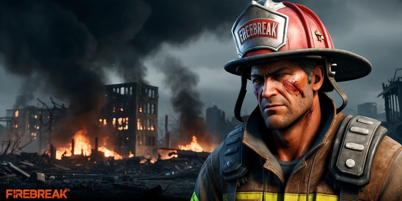 A dystopian video game screenshot from Firebreak, featuring a gritty, post-apocalyptic landscape with a prominent, rugged firefighter character, clad in a worn, brown, and black jumpsuit, with a determined expression, sharp jawline, and exhausted eyes, set against a backdrop of smoldering ruins, burning buildings, and a dark, ominous sky with thick, grey smoke, the firefighter's skin is weathered and sweaty, with a few days' worth of stubble, and a distinctive, red, and silver firefighting helmet, with the Firebreak logo emblazoned on the side, in bold, metallic letters, the overall color palette is muted, with shades of grey, brown, and black, and the image is framed in a widescreen format, with a shallow depth of field, emphasizing the firefighter's rugged, battle-hardened appearance.