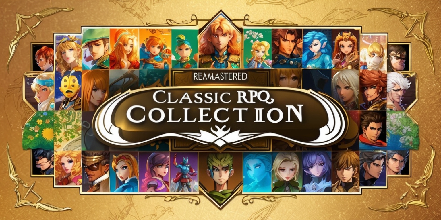 A beautifully remastered classic RPG collection game with a nostalgic aesthetic, featuring a collage of iconic characters and landscapes from various retro games, set against a warm, golden background with subtle texture, incorporating a mix of vibrant colors and gentle earth tones, with each character meticulously rendered in exquisite detail, showcasing intricate facial features, varied skin colors, and unique attributes, arranged in a harmonious layout with a central focal point, surrounded by elegant, cursive text and stylized logos in a classic serif font, with the title of the collection prominent in bold, metallic letters, and the overall design evoking a sense of adventure, fantasy, and nostalgia.