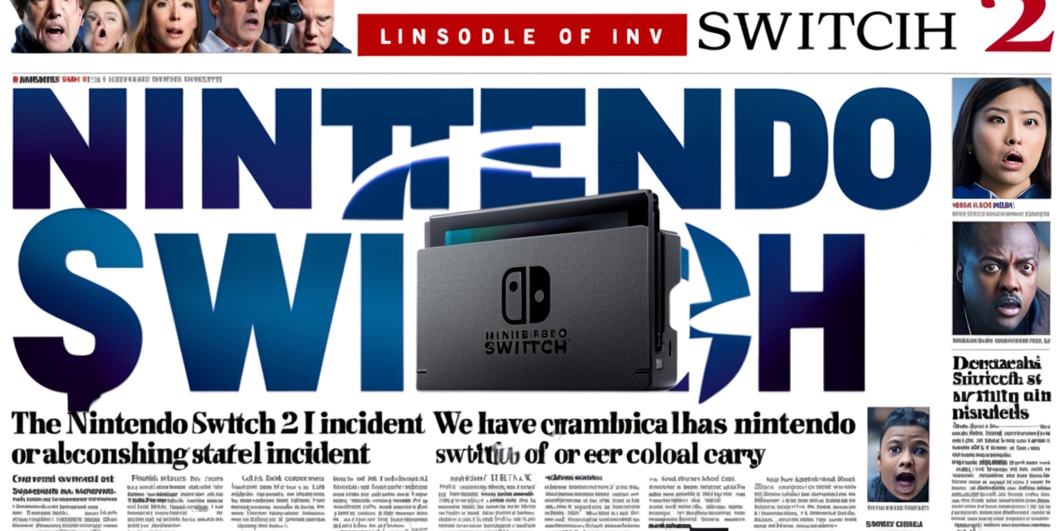 A dramatic newspaper or magazine article headline reading Nintendo Switch 2 Incident in bold, eye-catching font, with a subtle gradient effect, on a crisp white or light gray background, surrounded by smaller texts and images detailing the incident, including a large image of the Nintendo Switch 2 console in the center, with a mix of serious and shocked facial expressions from people of different ages and skin tones in the background, and the article's text written in a clear, readable font, with a color scheme that includes deep blues and whites, and the Nintendo logo prominently displayed in its signature red and white colors.