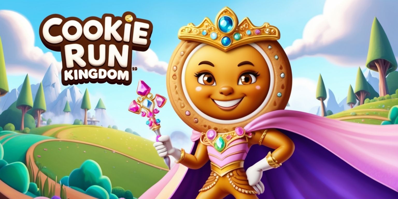 A vibrant, colorful illustration of a Cookie Run: Kingdom game character, set against a whimsical fantasy background with rolling hills, towering trees, and fluffy white clouds, the character is a beautifully designed cookie with intricate details, bright shining eyes, and a cheerful smile, wearing a elegant golden crown adorned with sparkling gems, and a flowing cape with a subtle sheen, the character's skin is a warm, golden brown color, with a soft, gentle glow, the overall style is reminiscent of a fantastical, dreamlike world, with bold lines, delicate textures, and a mix of pastel and bright colors, the character is posed in a powerful, yet playful stance, with one hand on their hip and the other holding a delicate, gem-encrusted scepter.