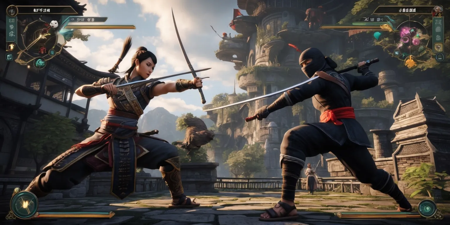 A dynamic action RPG game scene with a disciplined warrior and agile ninja character, set in a richly detailed, expansive environment with vertical mobility, featuring a dual combat system, strategic enemy encounters, environmental interactivity, and cooperative boss battles, with a narrative that weaves together themes of myth, danger, and aesthetic storytelling, and deeply engaging exploration and character customization, with a mix of darker and lighter tones, and a blend of realistic and stylized visuals, and intricate details, and a sense of immersion and depth, with the warrior and ninja characters having unique facial features, skin colors, and attributes, and the environment having a mix of ancient and modern elements, with a focus on tactical combat and engaging storytelling.