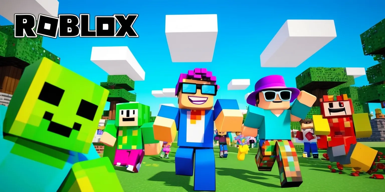 A colorful digital artwork depicting a lively scene from a Roblox game, with blocky pixelated characters and objects, set against a bright blue sky with fluffy white clouds, featuring a variety of players with unique avatars, including a character with a big smile and bright green skin, and another with a cool pair of shades and a purple hat, surrounded by trees, buildings, and other game elements, with a bold font logo of the game's title in the top left corner, and a vibrant color palette with shades of green, blue, and yellow, showcasing the game's distinctive blocky graphics style, with a shallow depth of field and a slight glow effect to emphasize the virtual world.
