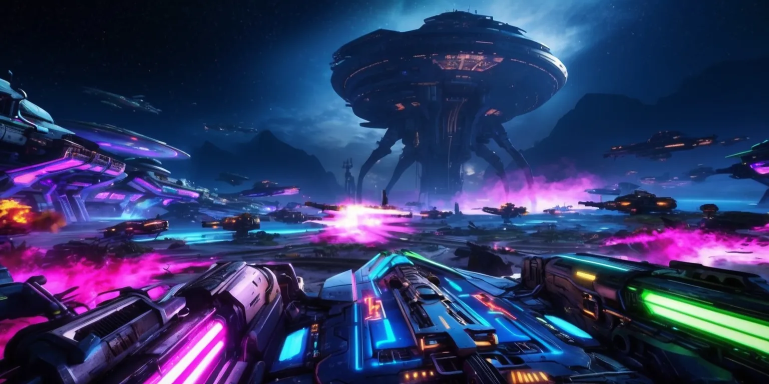A futuristic sci-fi scene from the Arc Raiders game, featuring a vibrant, neon-lit landscape with spaceships and advanced machinery, set against a dark, starry night sky with a massive, ominous alien mothership looming in the distance, the color palette is dominated by blues and purples, with flashes of bright pink and green, the style is highly detailed and realistic, with a focus on action and intensity, the layout is dynamic, with ships and debris scattered across the frame, and the framing is cinematic, with a wide-angle shot that captures the chaos and energy of the scene.